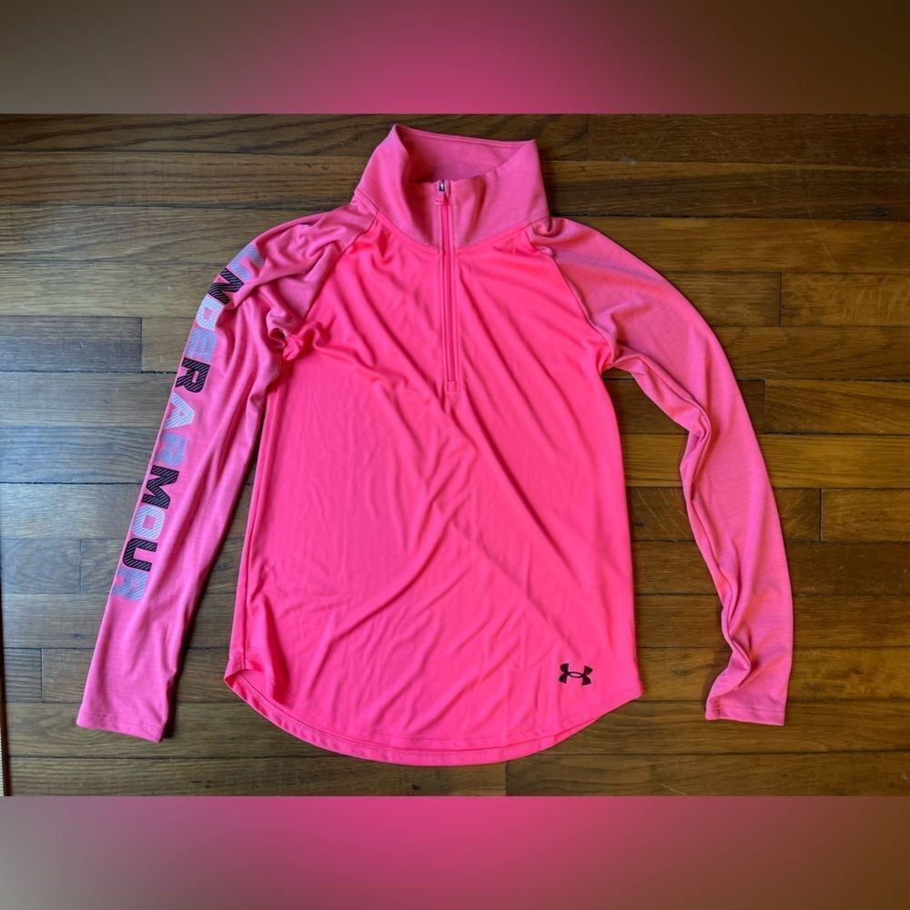 Youth Large Pink 1/4 zip UNDER ARMOUR heatgear long sleeve pullover